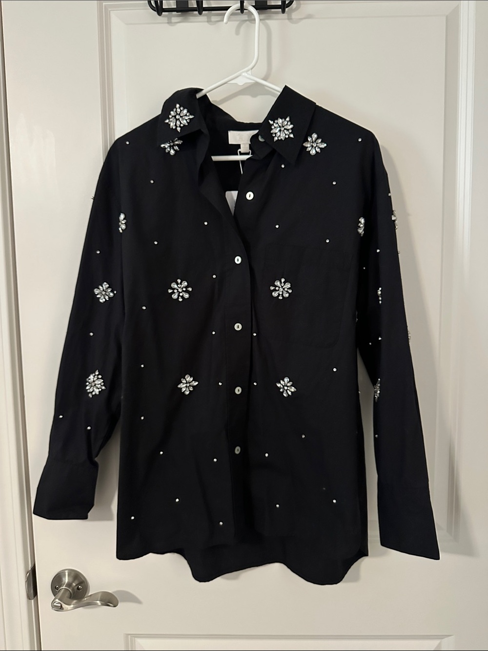 Embellished Black Button-Down Shirt - Women's Long Sleeve